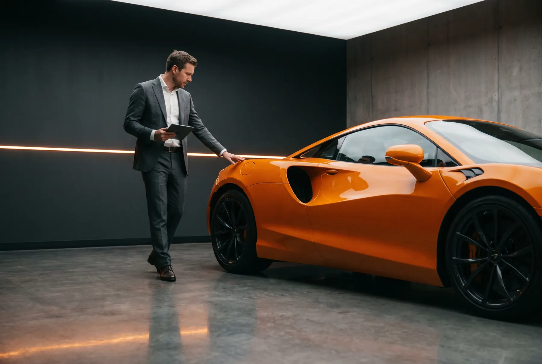 A client walks around a Papaya orange McLaren Artura in the studio