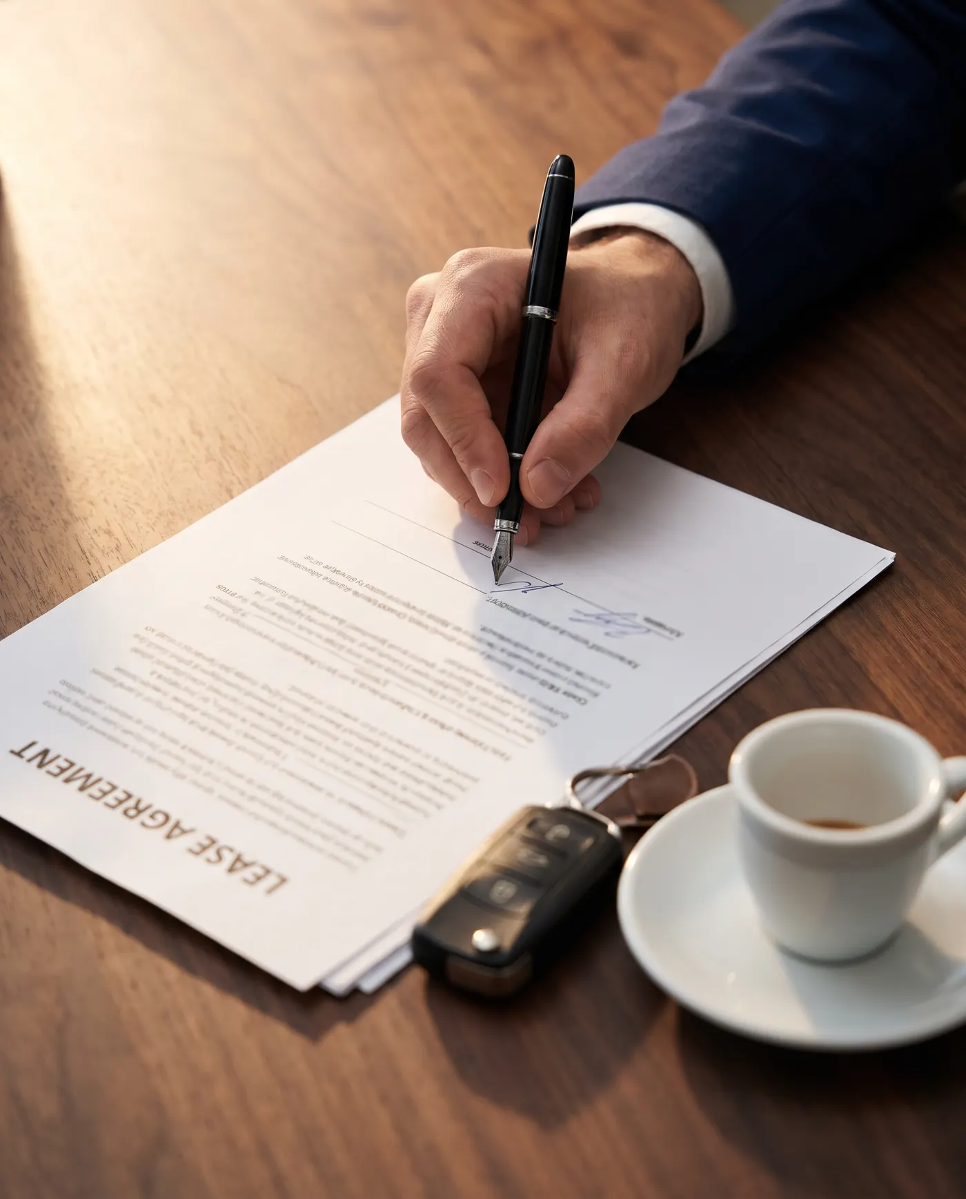 Signing a lease agreement with a fountain pen beside a car key