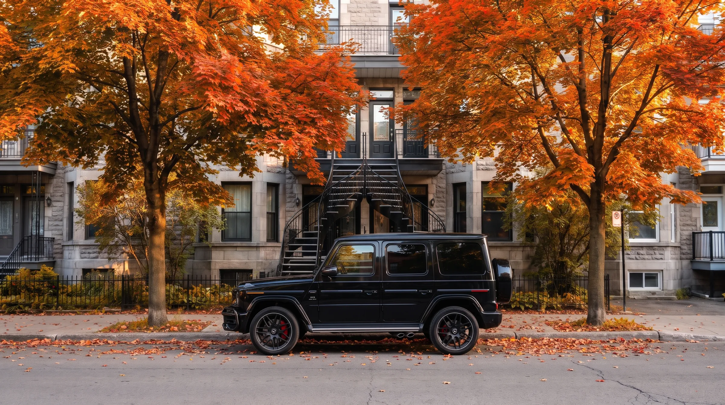 The same street in October, red maples